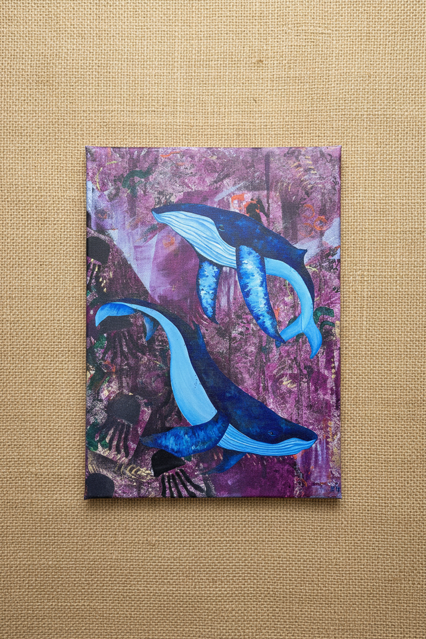 Humpback whale painting on burlap flat lay