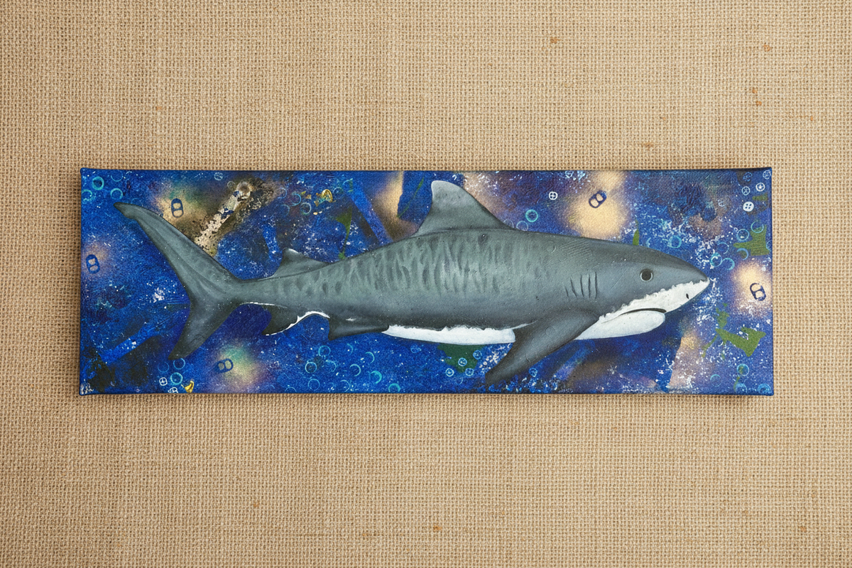Shark canvas flat lay on burlap texture